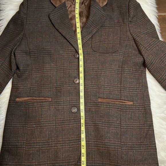 Vintage 90s Wool Plaid Blazer Jacket Women's Large Equestrian Brown Suede Trim - Picture 10 of 15